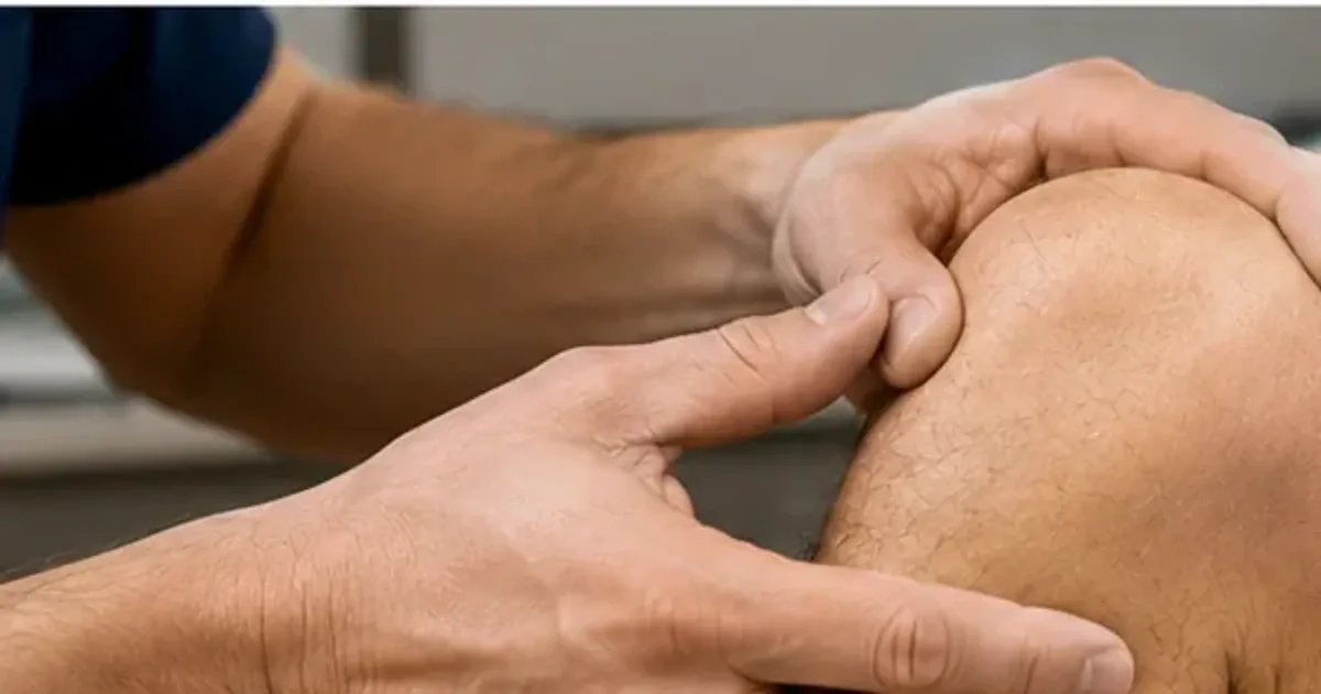 Close-up of a clinician's hands examining a patient's knee during an evaluation for inner knee pain.