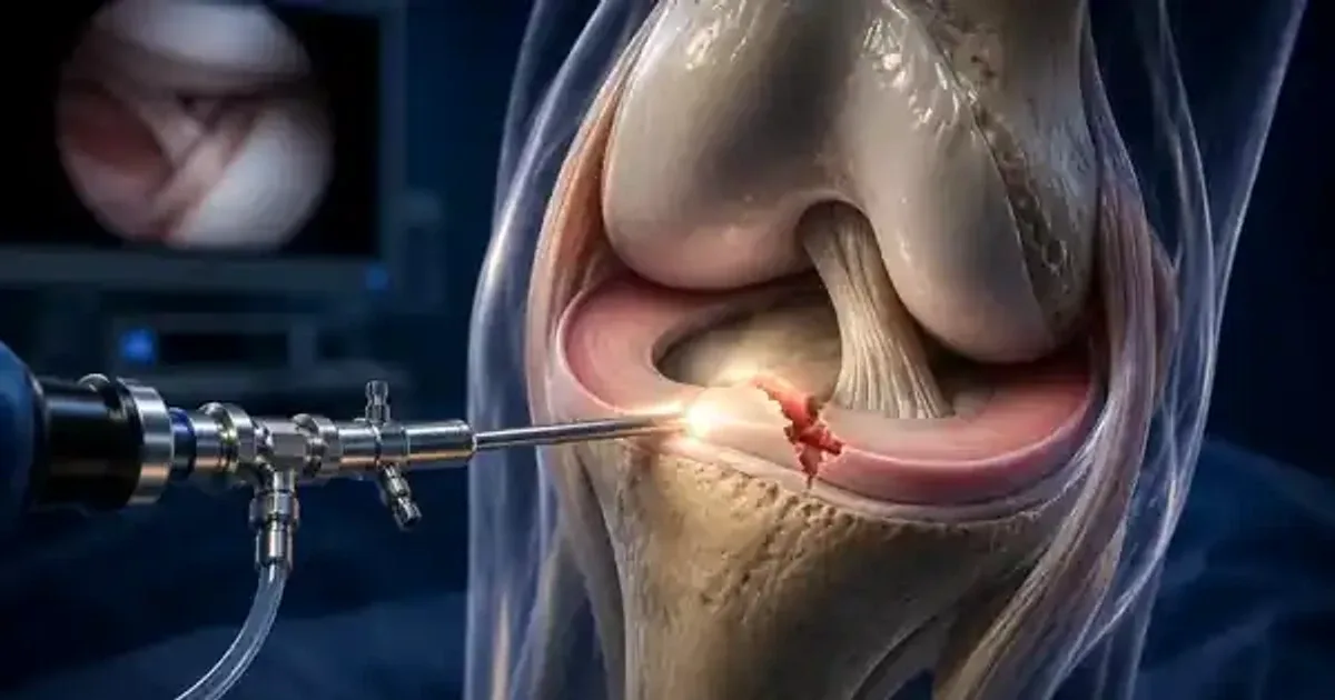 3D illustration of an arthroscope probing a torn meniscus inside a knee joint.