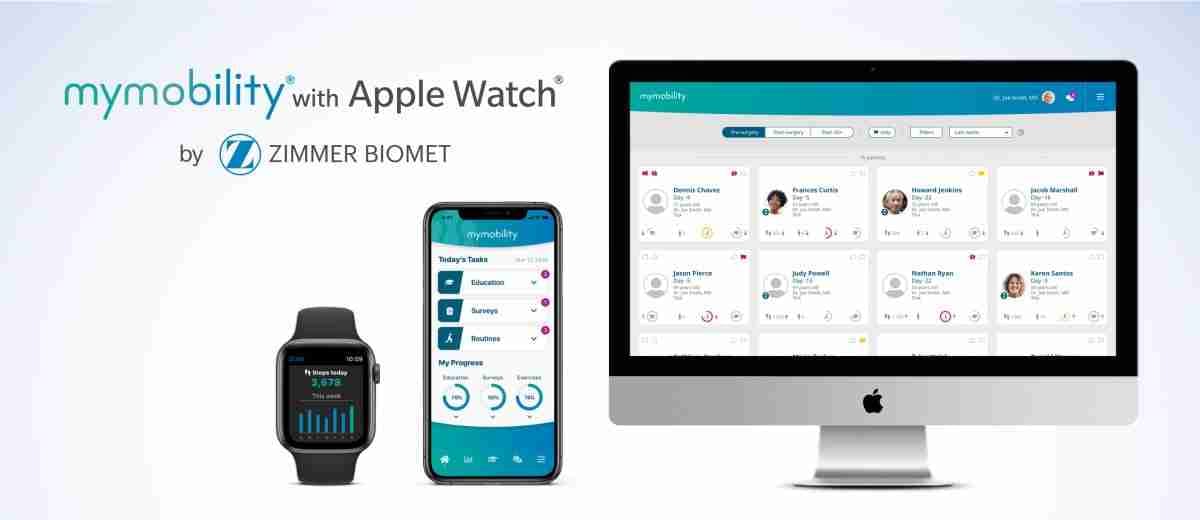 Zimmer Biomet mymobility app shown on Apple Watch, iPhone, and a clinician dashboard.