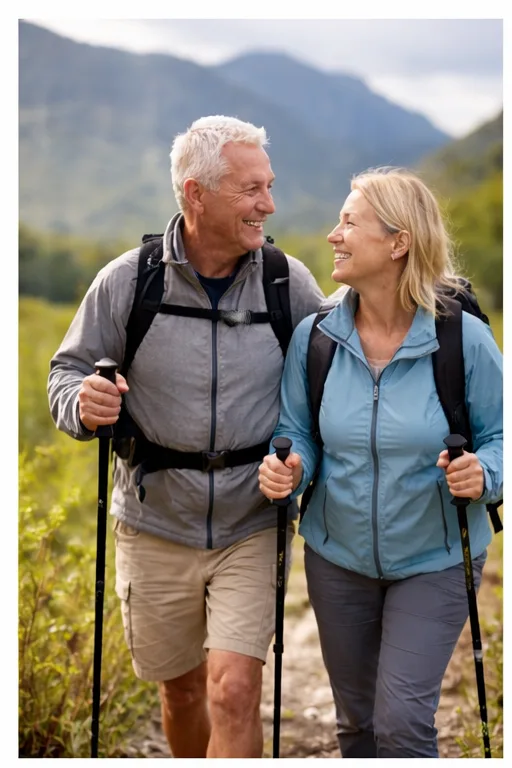 A smiling older couple hikes a mountain trail with trekking poles and backpacks.