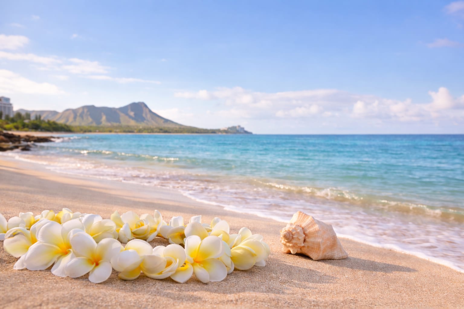 A plumeria lei and conch shell rest on the sand near Diamond Head on O'ahu.