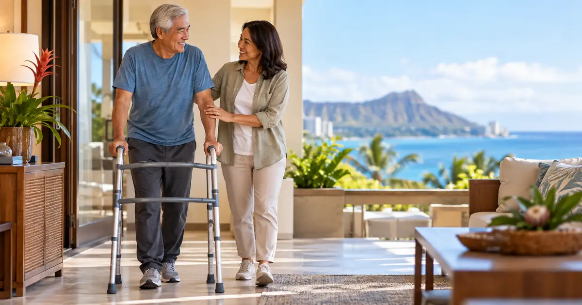 Fictional older Hawaii adult walking safely with a walker and support person during early recovery after joint replacement