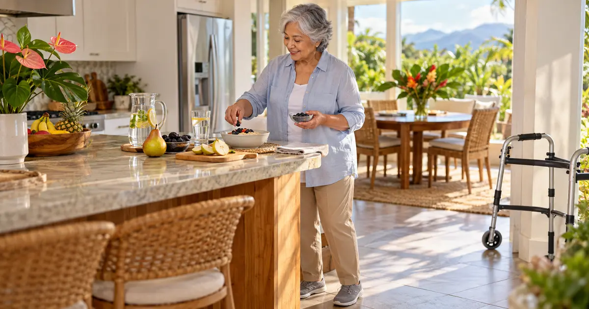 Fictional older adult in full-length clothing drinking water beside fruit and oatmeal during recovery at home
