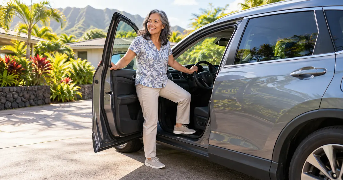 Fictional older adult in full-length pants carefully getting into a parked car in a sunny Hawaii driveway