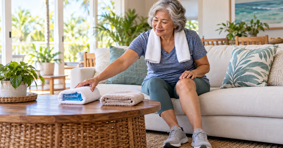 Fictional older adult comparing a wrapped cold pack and a warm towel during hip or knee replacement recovery at home