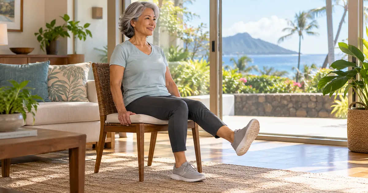Fictional older adult in full-length exercise clothing practicing a gentle seated knee extension at home