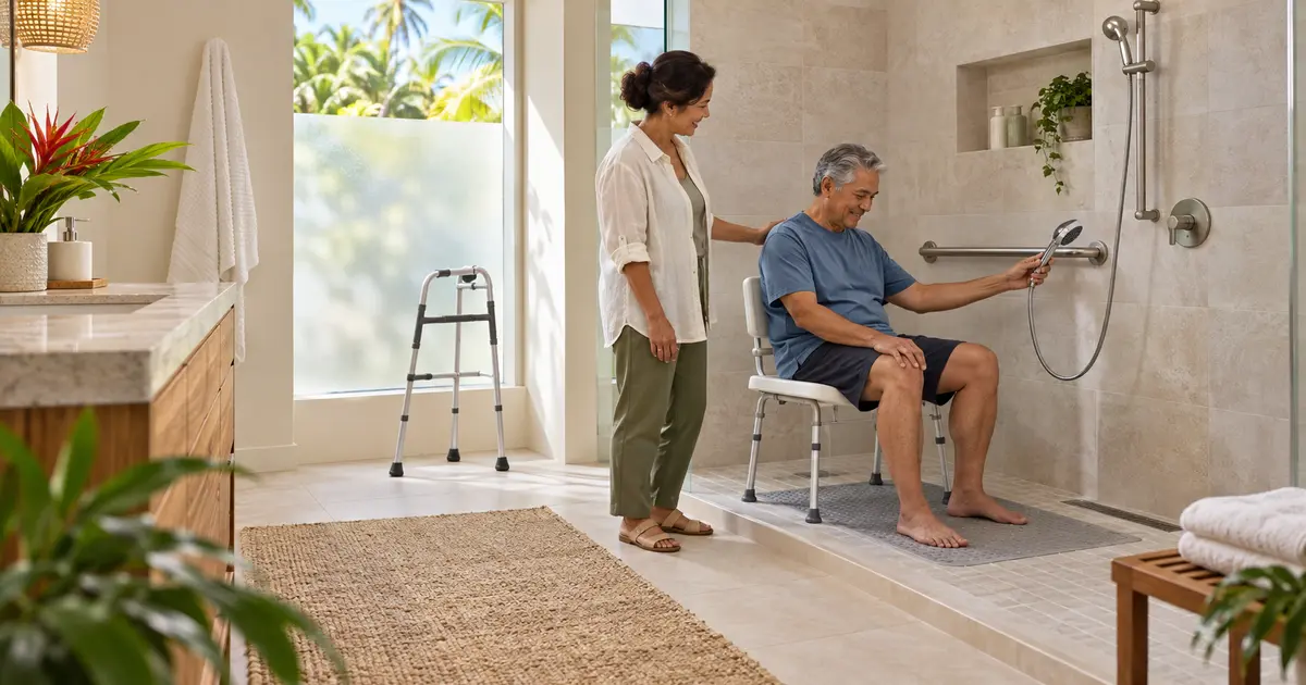 Fictional adult preparing for a safe seated shower with a shower chair, grab bar, and nonslip mat after joint replacement