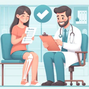 2024 03 10 11.14.31 An illustration showing a happy patient discussing with an orthopedic surgeon in an office setting. The patient is holding a checklist and the surgeo