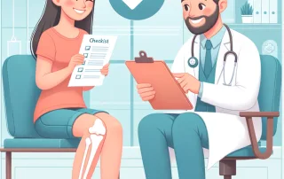 2024 03 10 11.14.31 An illustration showing a happy patient discussing with an orthopedic surgeon in an office setting. The patient is holding a checklist and the surgeo