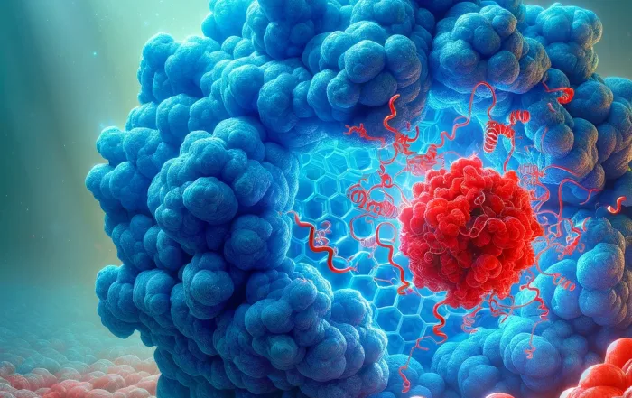 2024 04 07 18.04.05 A high definition scientific illustration depicting a large alpha 2 macroglobulin A2M molecule shown in vivid blue engulfing a smaller red enzym