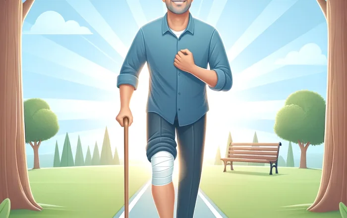 DALL·E 2024 04 28 20.12.58 An image depicting the concept of success in knee replacement surgeries. The scene shows a middle aged man happily walking in a park using minimal su